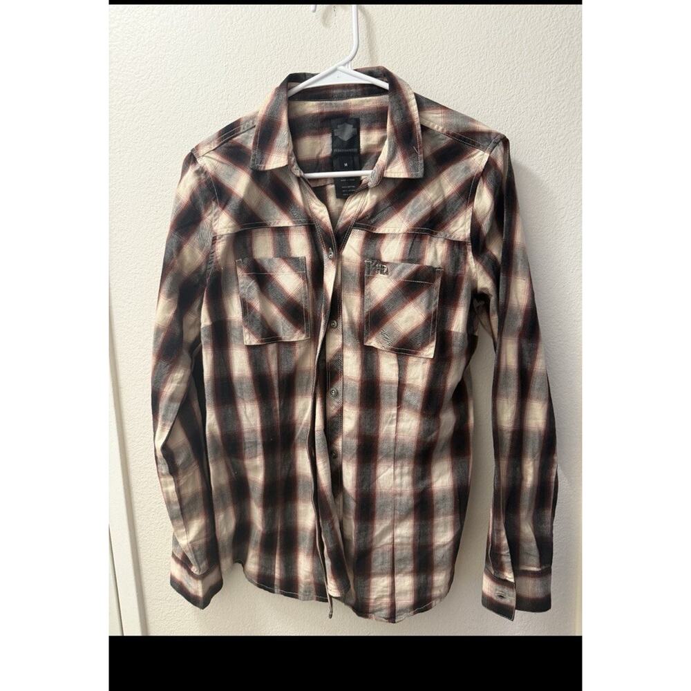 Harley-Davidson VTG Plaid Brown Beige Long Sleeve Point Collar Button-Up Shirt M